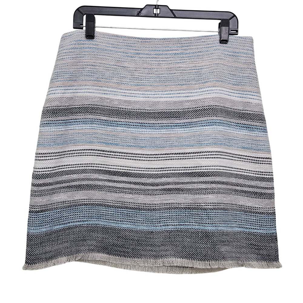 Loft Tweed Mini Skirt Womens 10 Blue Striped Fringed Hem Textured Office Career